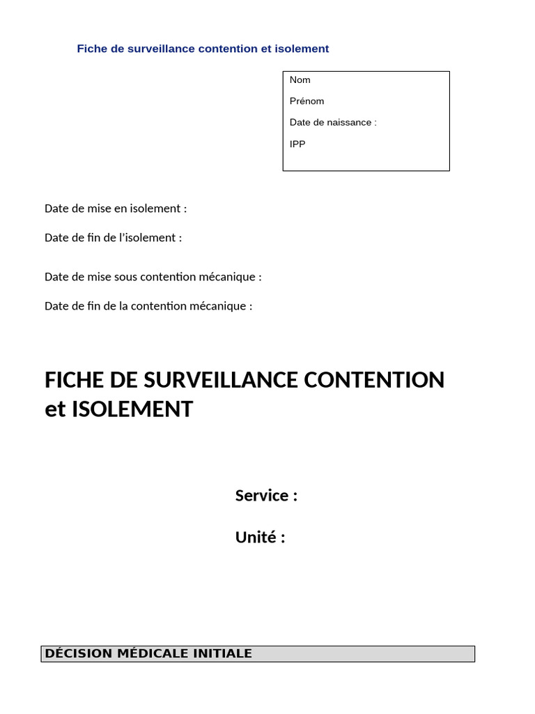 Fiche de Surveillance : Isolement et Contention | PDF | Urine | Psychiatre