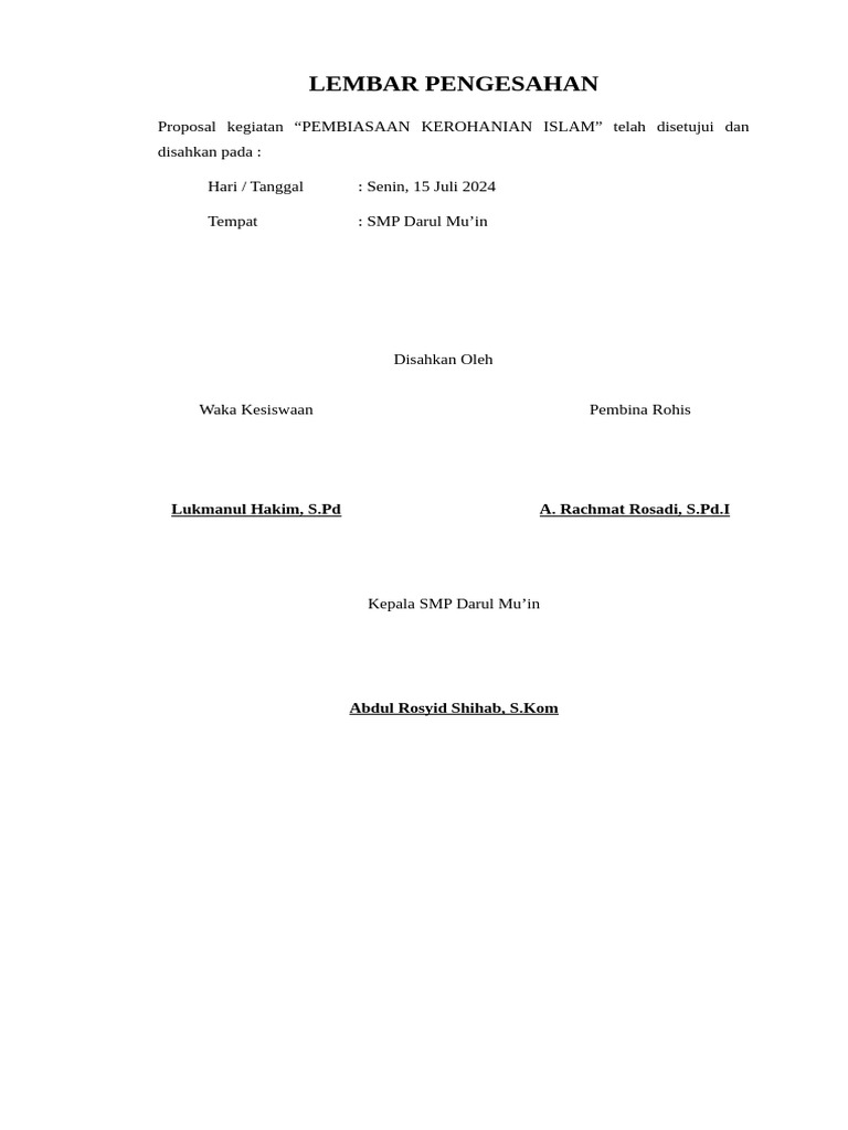 Lembar Pengesahan RKS Kerohanian | PDF