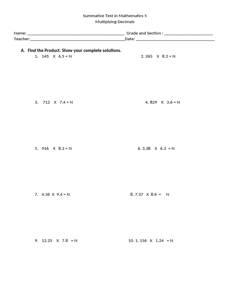 Math 5 Summative Test: Decimals | PDF