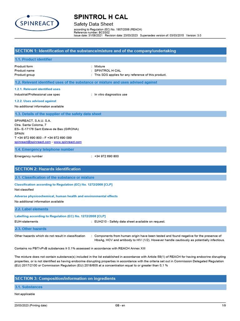 SPINTROL H CAL Safety Data Sheet | PDF | Safety | Occupational Safety ...