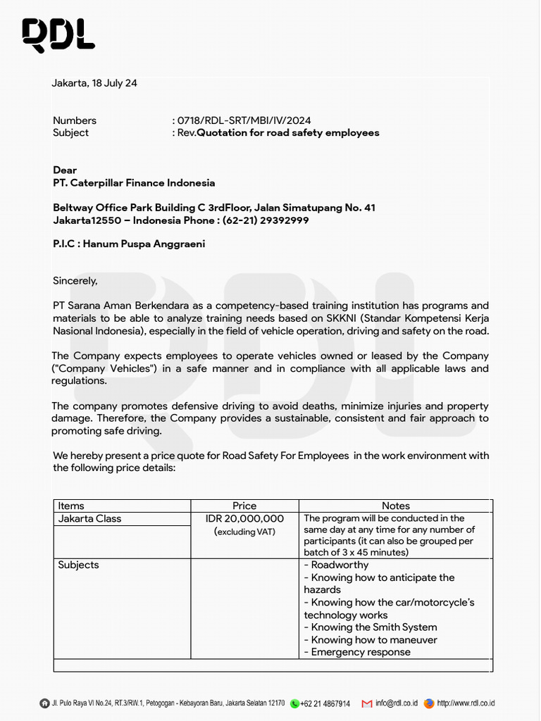 Road Safety Training Quotation 2024 | PDF | Land Transport | Transport