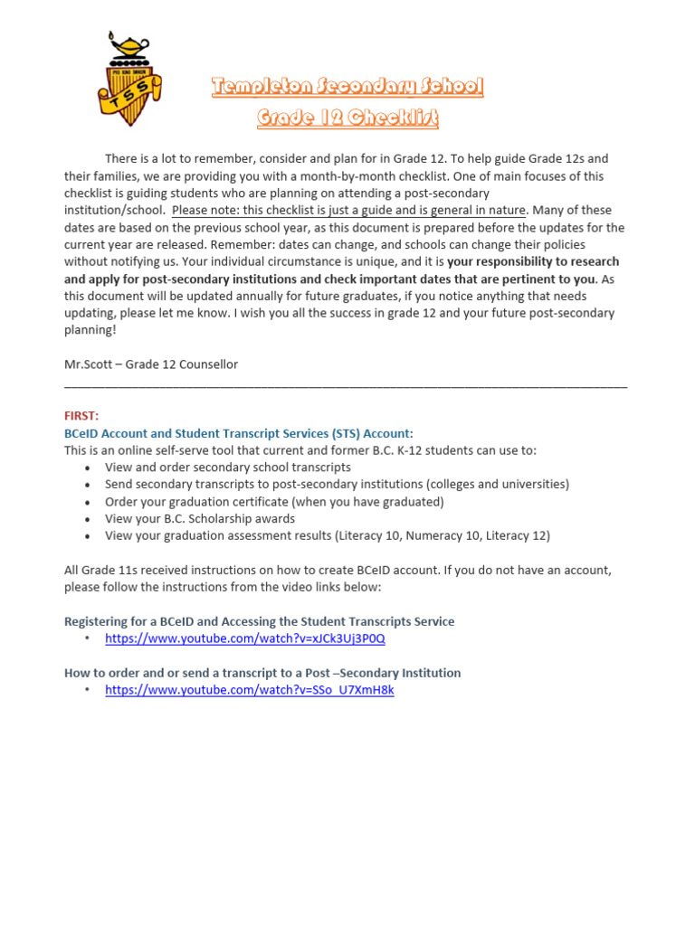 Grade 12 Post-Secondary Checklist | PDF | University And College Admission