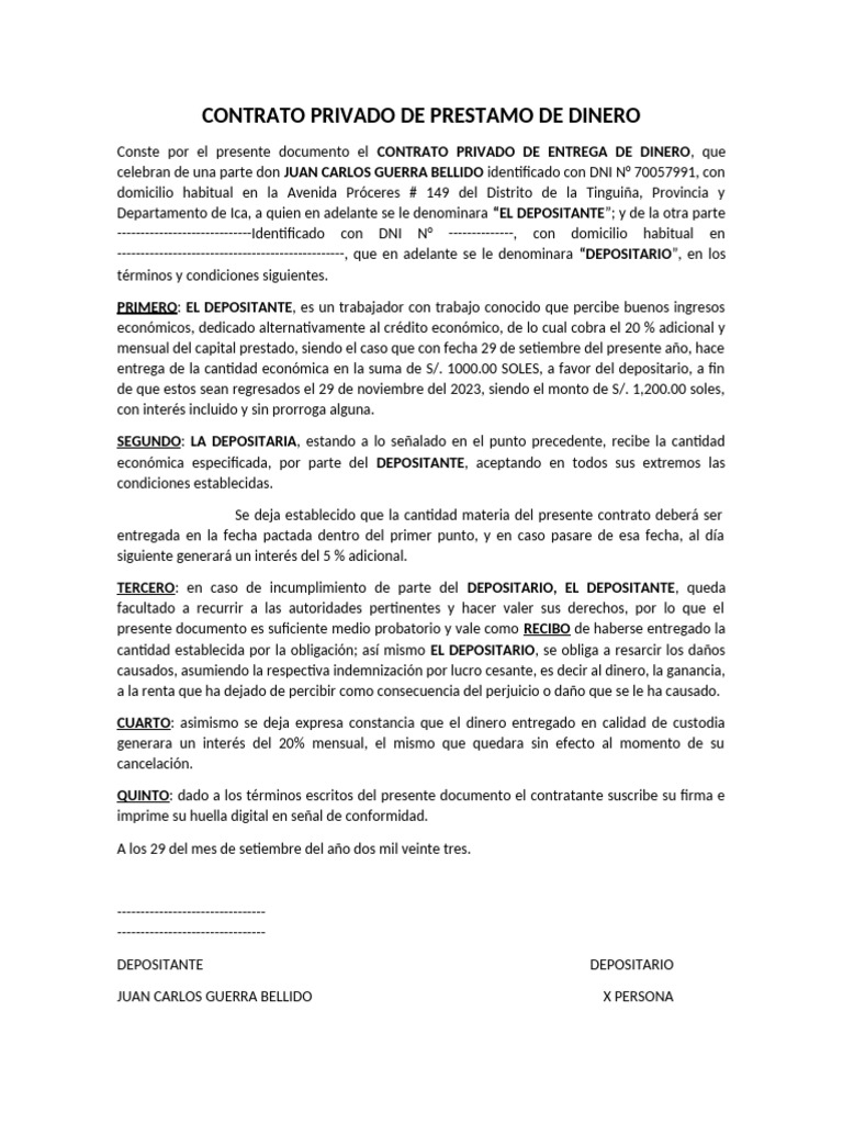 Contrato de Préstamo de Dinero 2023 | PDF | Dinero | Daños y perjuicios