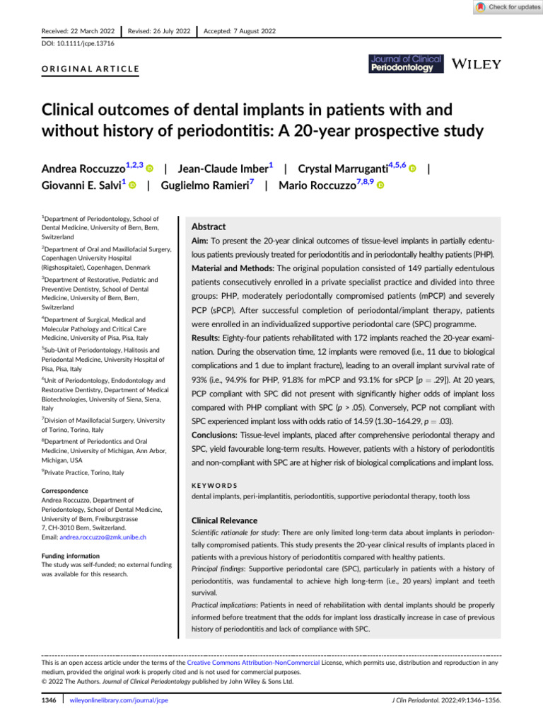 20-Year Outcomes of Dental Implants | PDF | Dental Implant | Periodontology