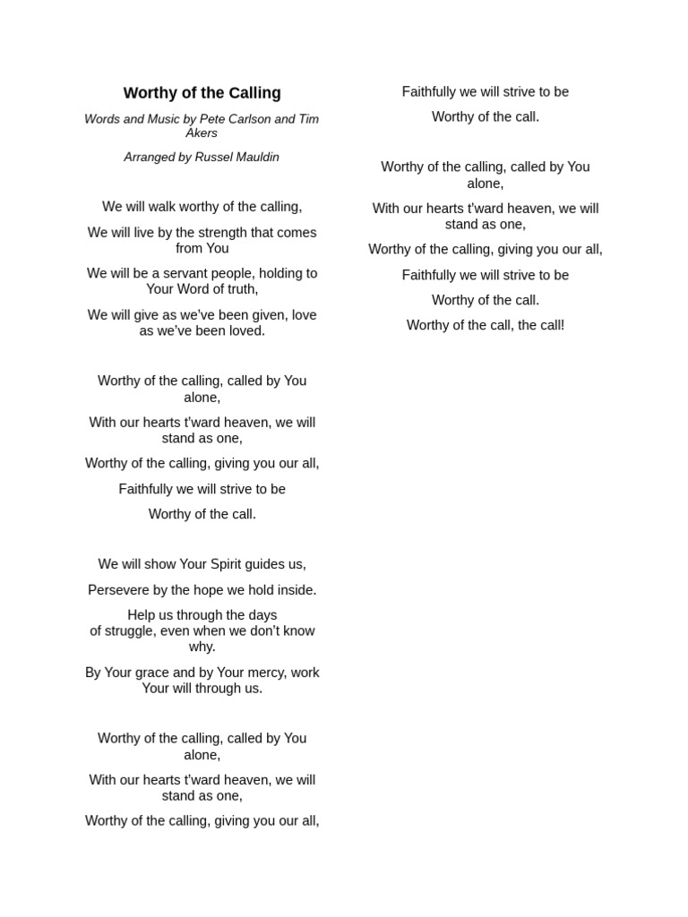 Worthy of the Calling Lyrics | PDF | Poetry