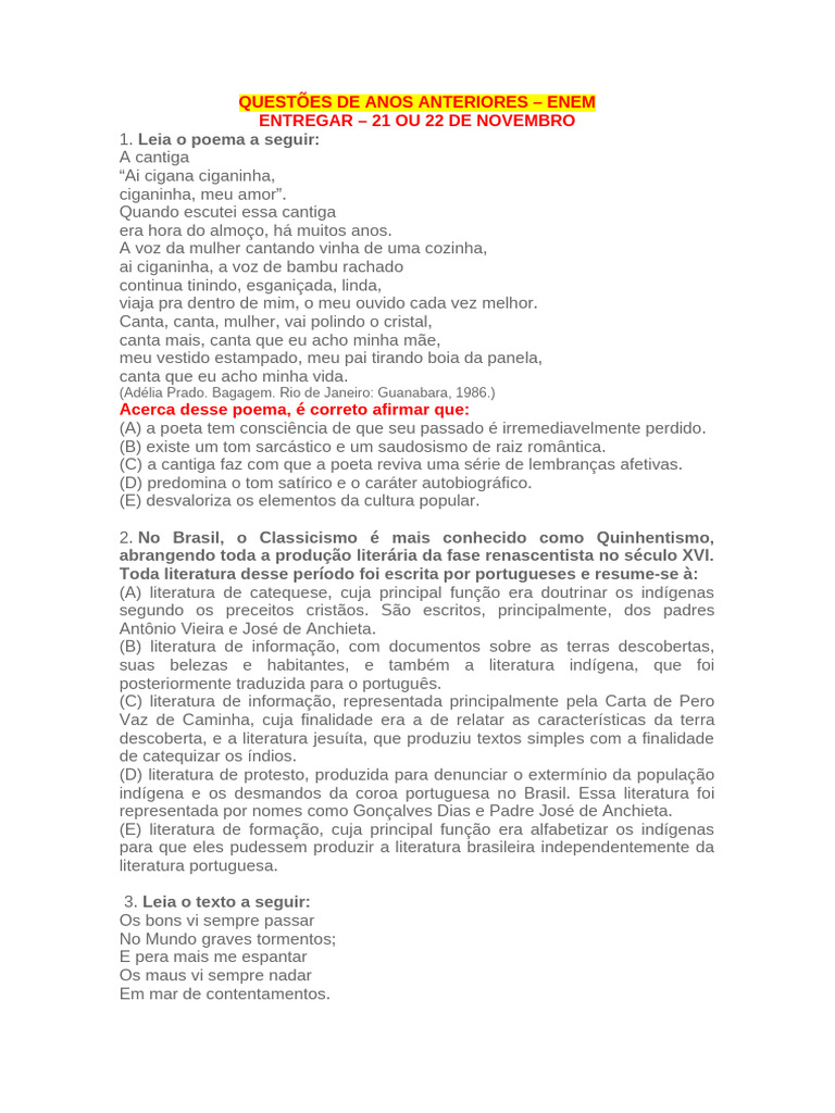 Questões de Literatura para o ENEM | PDF | Poesia | Amor