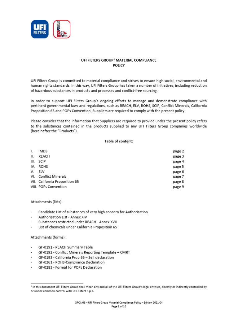 UFI Filters Material Compliance Policy | PDF | Business
