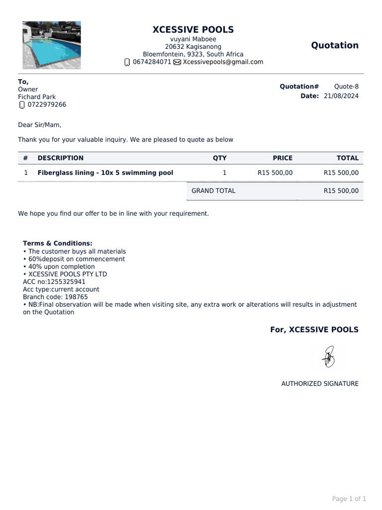 Xcessive Pools Quotation | PDF