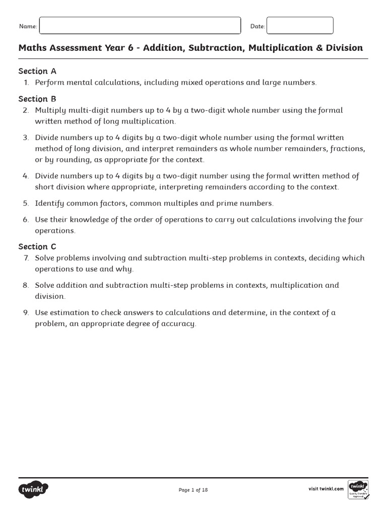 Year 6 Maths Assessment: Operations Test | PDF | Multiplication ...