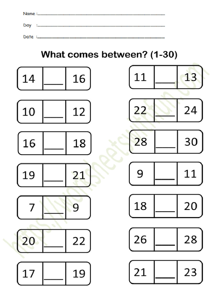 Before - After - Between Worksheet 4 (1-30) | PDF