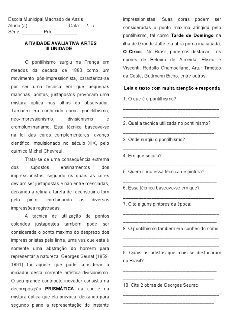 Atividade de Artes: Pontilhismo 5º Ano | PDF | Técnicas artísticas ...