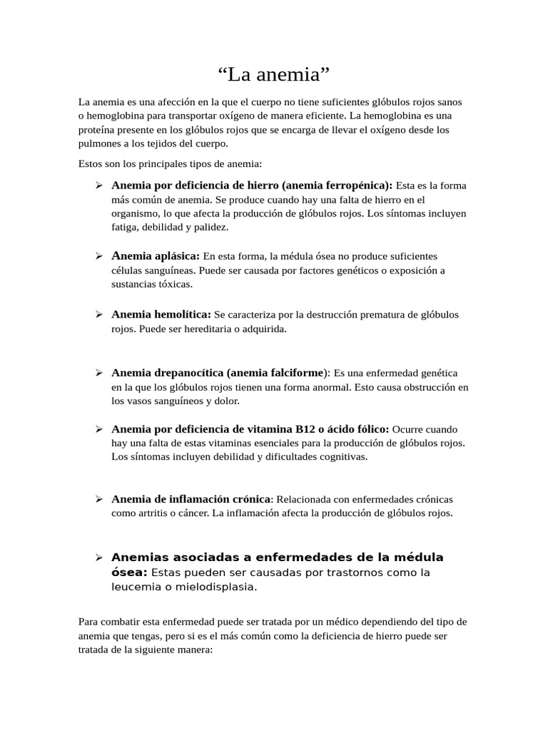 Tipos y Tratamientos de Anemia | PDF | Anemia | Glóbulo rojo