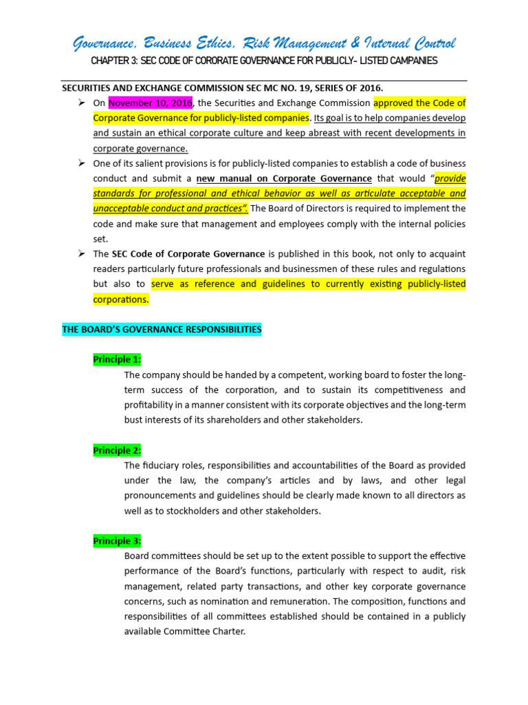 SEC Corporate Governance Code Overview | PDF | Corporate Governance ...