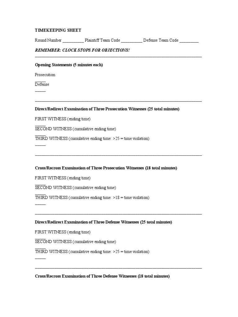 Courtroom Timekeeping Sheet Template | PDF | Technology & Engineering