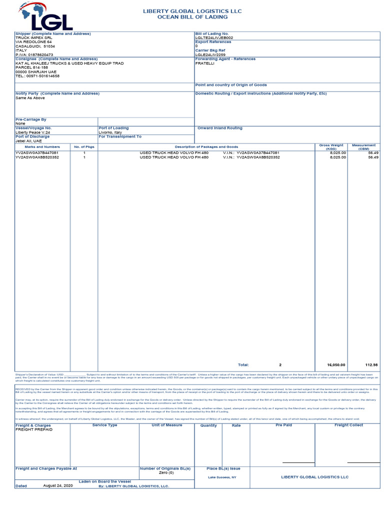 Liberty Global BL Format | PDF | Bill Of Lading | Cargo