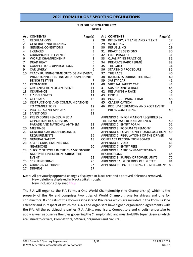 2021 Formula 1 Sporting Regulations - Iss 8 - 2021-04-28 1 | PDF ...