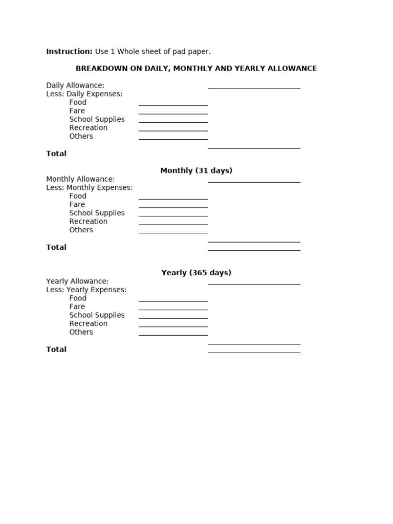 Allowance Breakdown: Daily, Monthly, Yearly | PDF