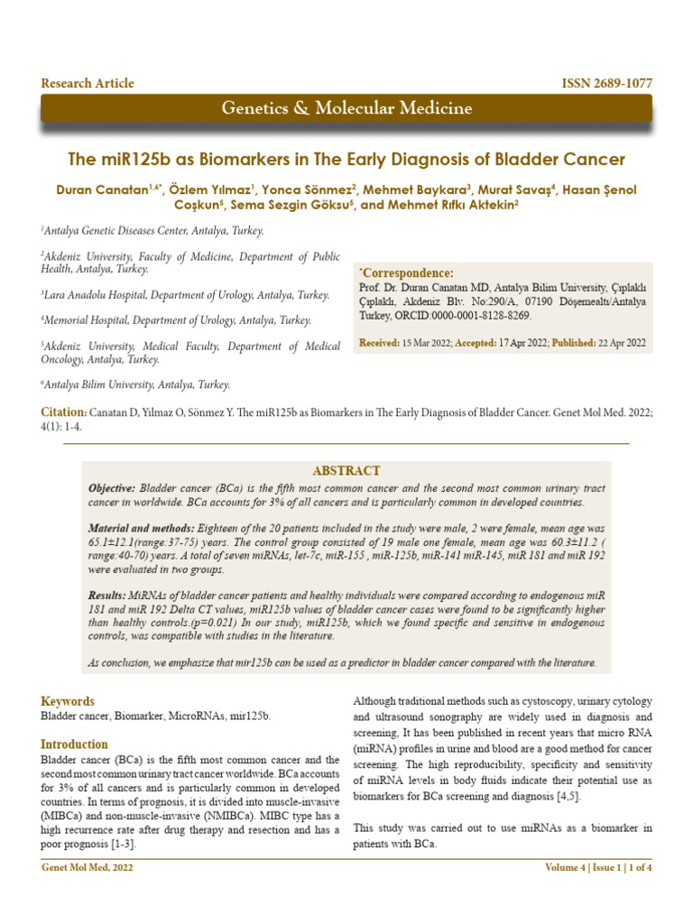 The Mir125b As Biomarkers in The Early Diagnosis of Bladder Cancer ...