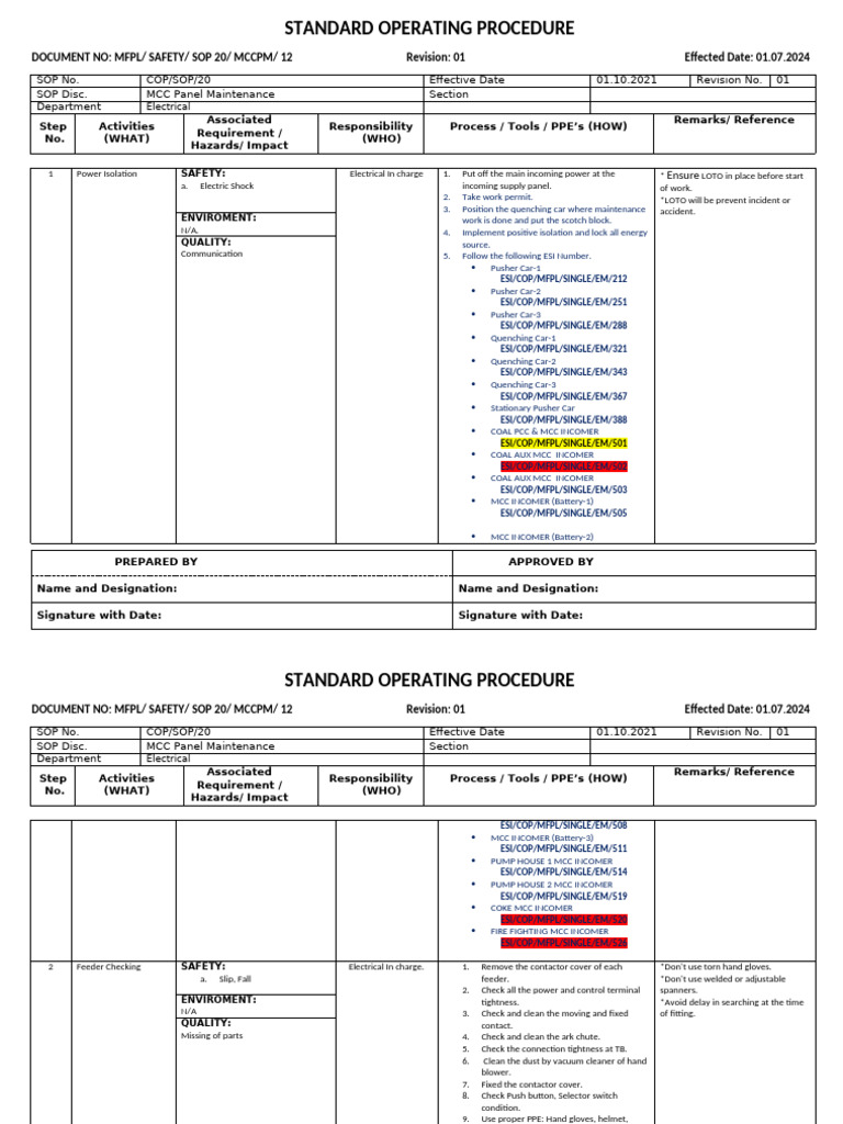 MCC Panel Maintenance SOP Guide | PDF | Safety