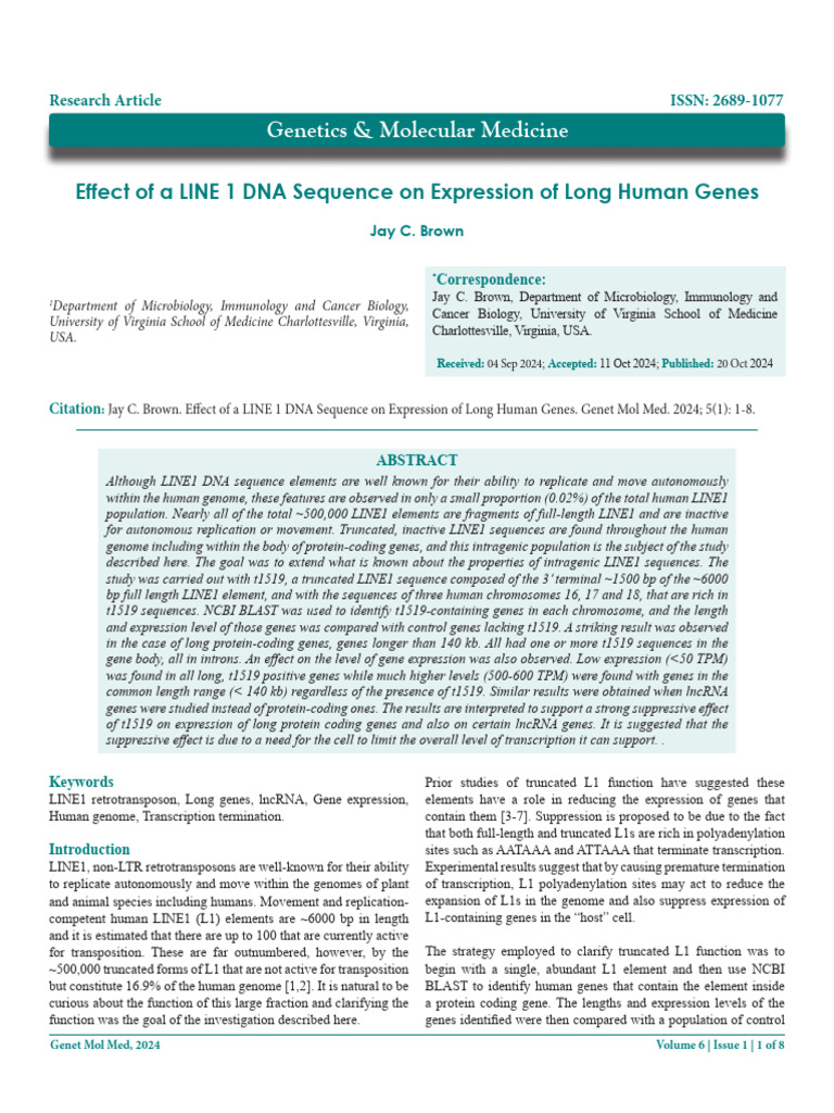 Effect of A Line 1 Dna Sequence On Expression of Long Human Genes | PDF ...
