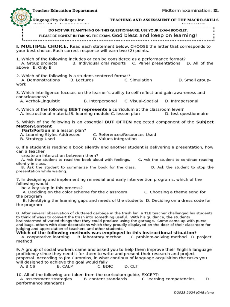Teaching Assessment Multiple Choice Exam | PDF | Lesson Plan | Teachers