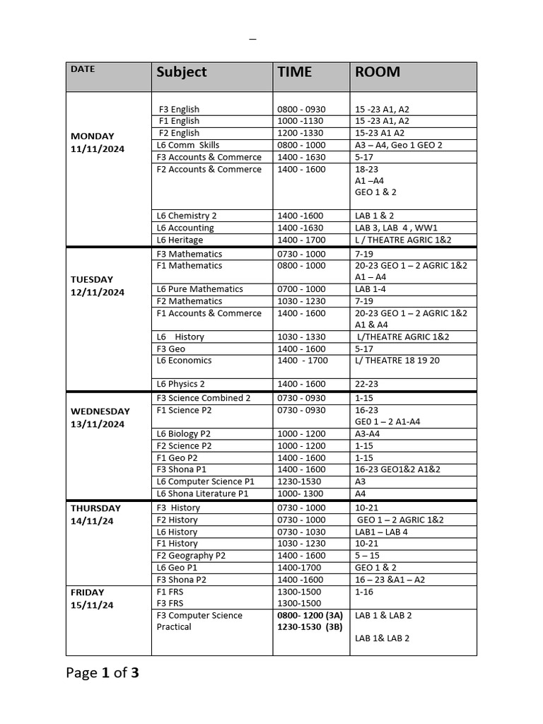 Glen View 1 Secondary 2024 Timetable | PDF | Science