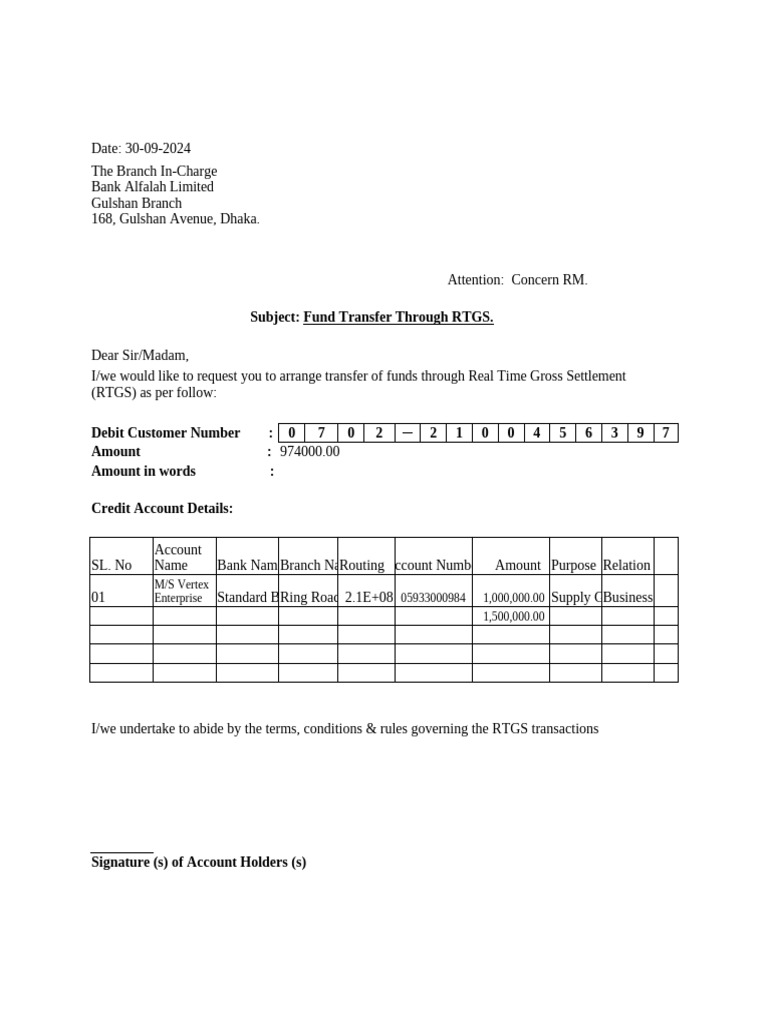RTGS Fund Transfer Request Letter | PDF | Business
