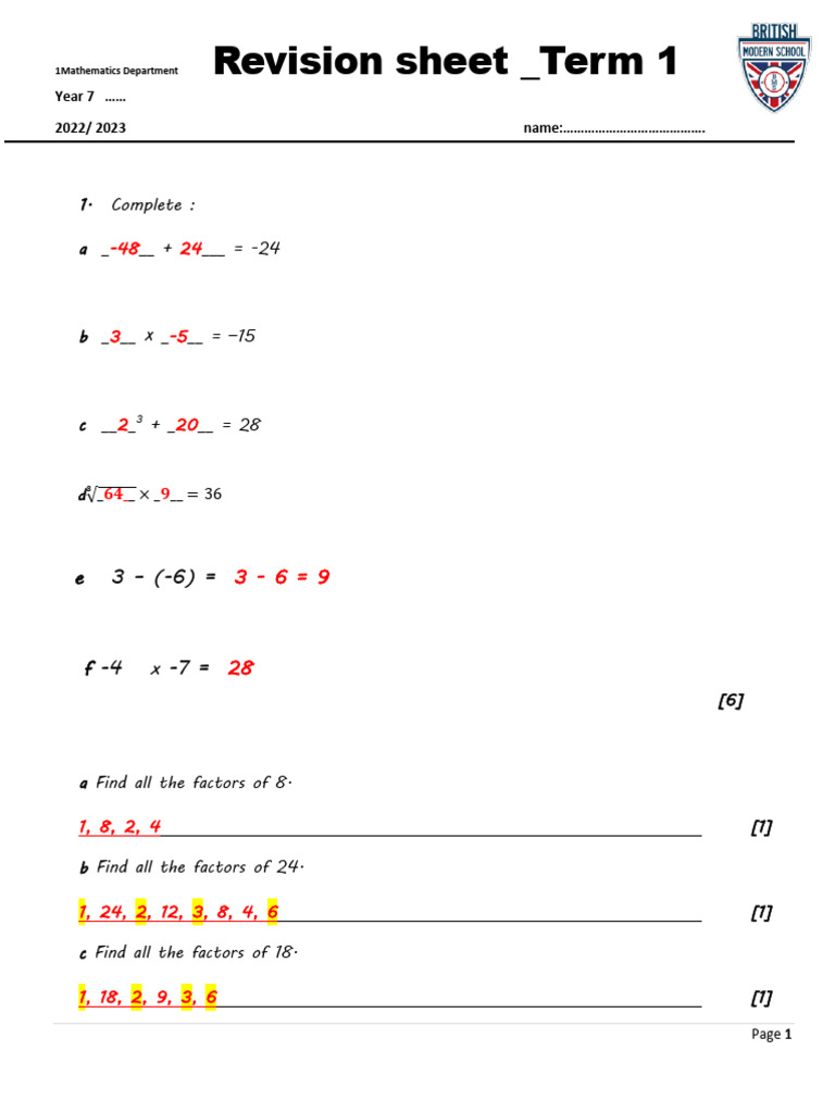 Year 7 Maths Revision Sheet | PDF | Multiplication | Numbers