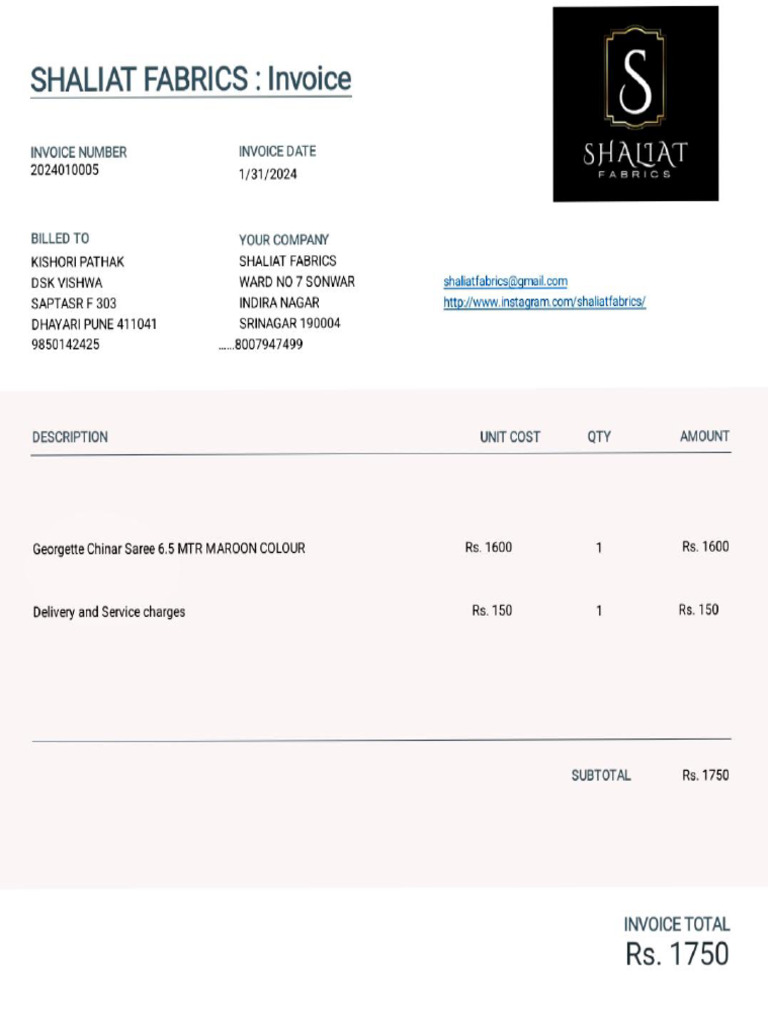 E - Invoice Shaliat Fabrics | PDF