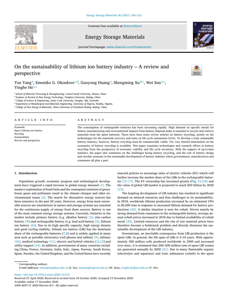 2021. on the sustainability of lithium ion battery industry (a review ...