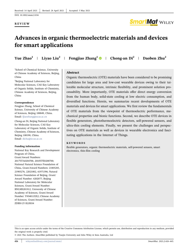 Advances in Organic Thermoelectric Materials and Devices For Smart ...