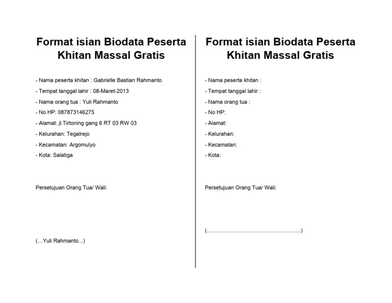 Format Isian Biodata Peserta Khitan Massal Gratis | PDF | Ilmu Sosial
