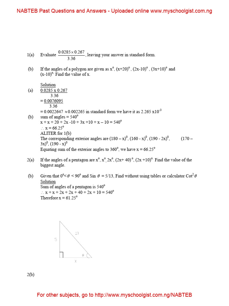 NABTEB Mathematics Exam Solutions 2006 | PDF | Mathematics | Euclidean ...