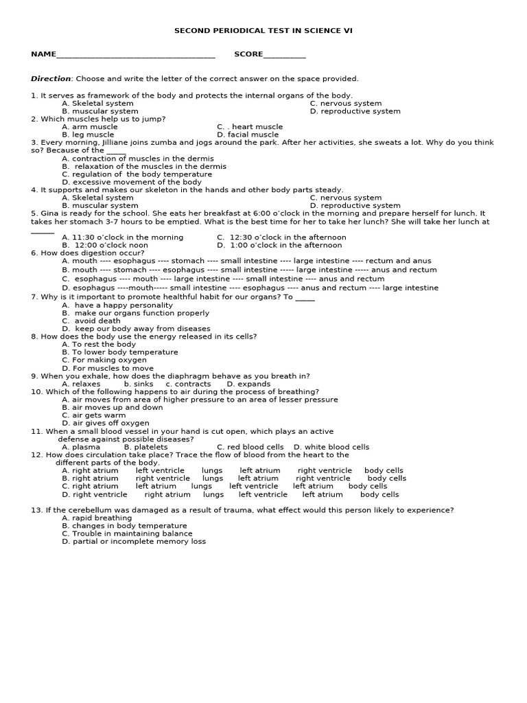 Science VI Periodical Test Questions | PDF | Lung | Atrium (Heart)