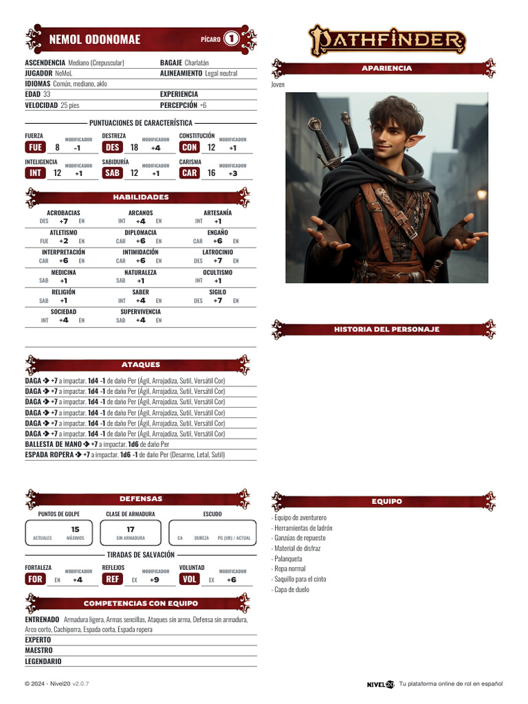 Ficha de Personaje: Pícaro Nemol Odonomae | PDF