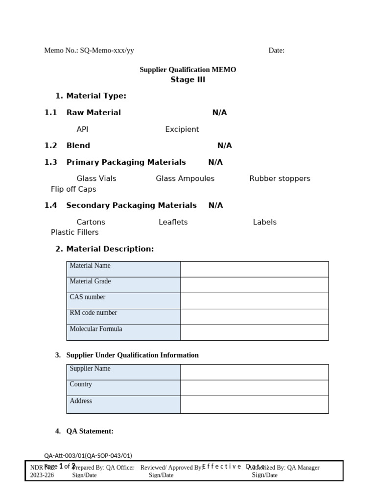 Supplier Qualification Memo Stage III | PDF