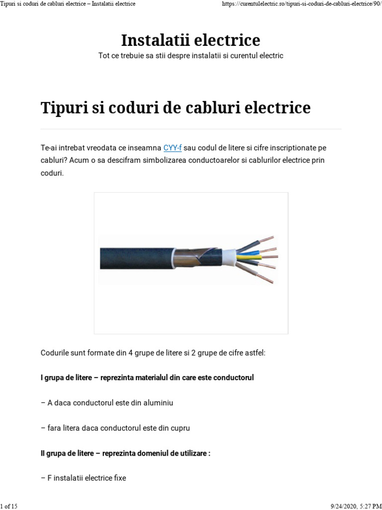 Tipuri Si Coduri de Cabluri Electrice - Instalatii Electrice | PDF