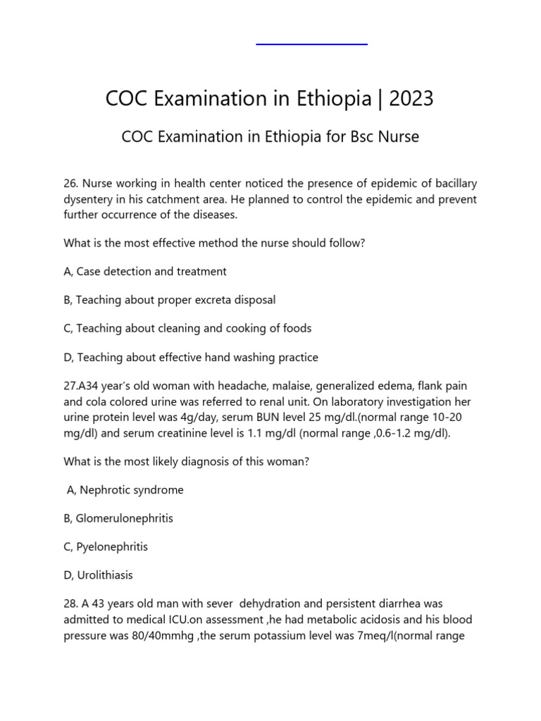 COC Nursing Exam Overview Ethiopia 2023 | PDF | Kidney | Management Of ...