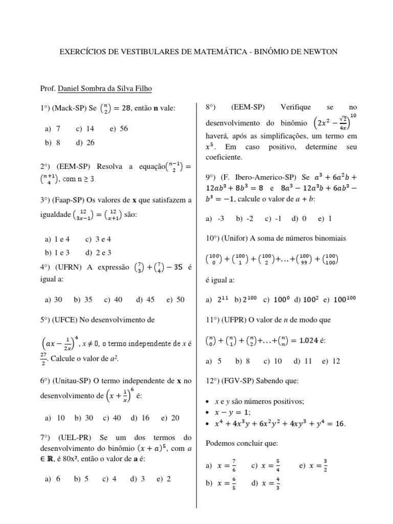 Lista de Exercícios de Binômio de Newton | PDF | Álgebra | Ensino de ...