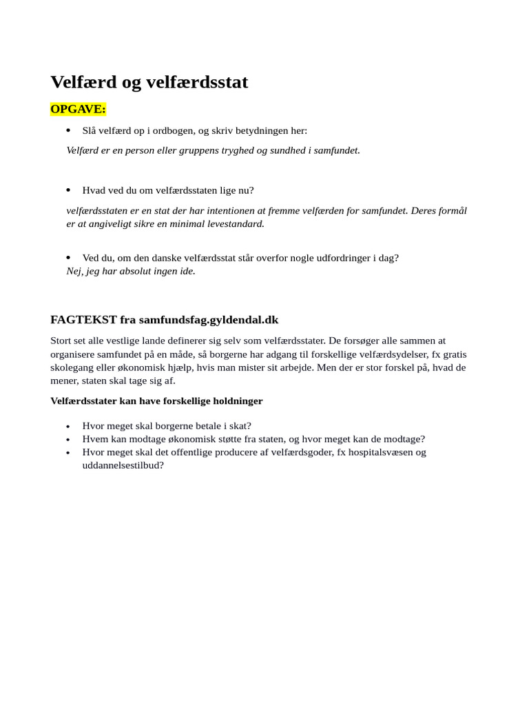 Velfærd Og Velfærdsstat Samfundsfag 9 | PDF