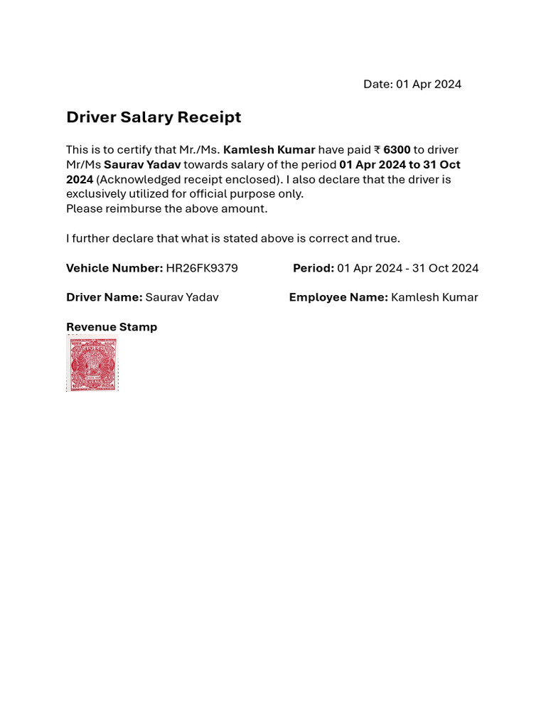 Driver Salary Receipt | PDF