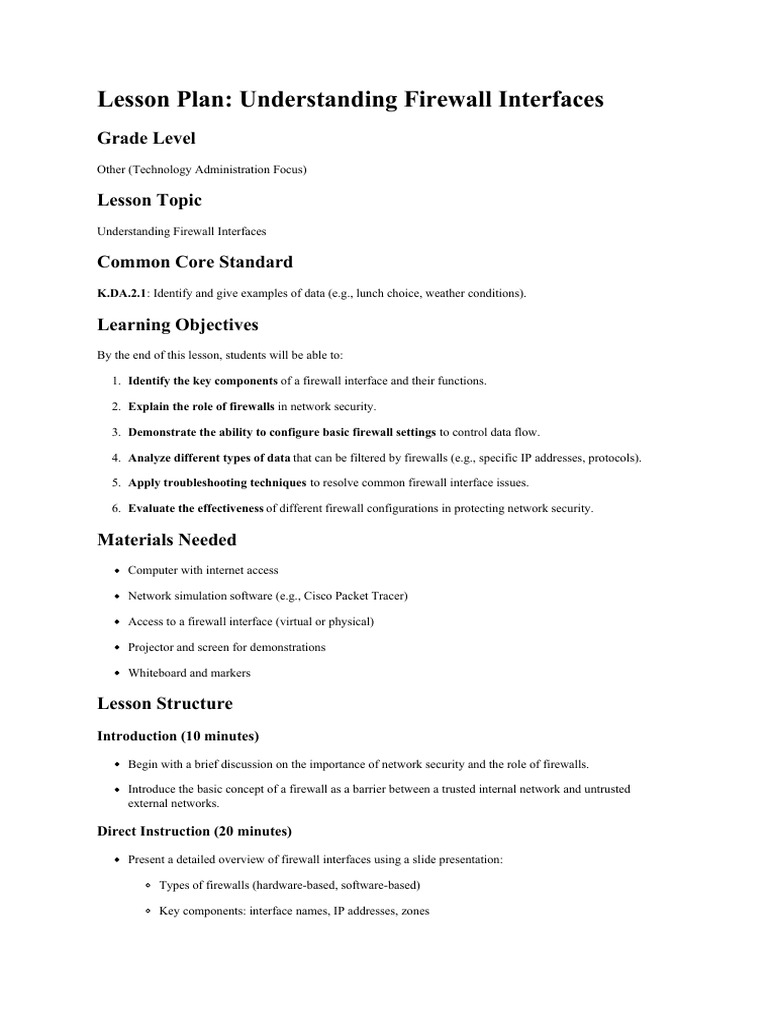 Firewall Interface Lesson Plan Guide | PDF | Firewall (Computing ...