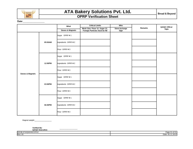 OPRP Verification for ATA Bakery | PDF