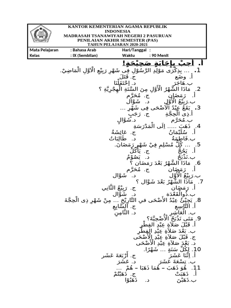 Soal Remidi Bahasa Arab Kelas 9 Fix | PDF
