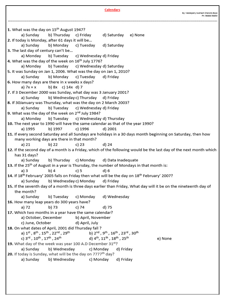 Calendar Practice Questions and Answers | PDF