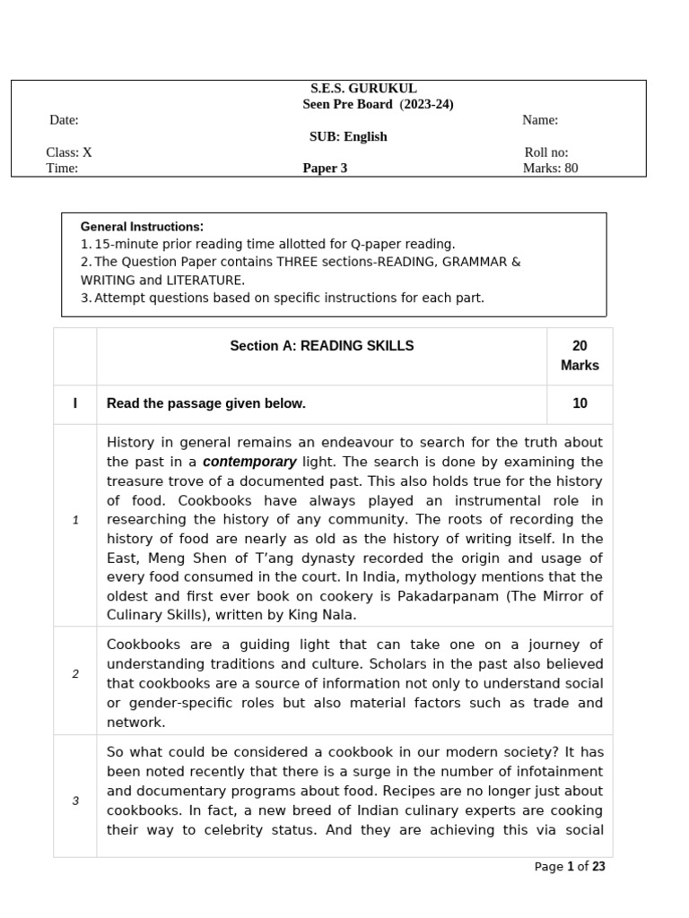 English Pre Board Exam Paper Class X | PDF | Cookbooks | Recipe