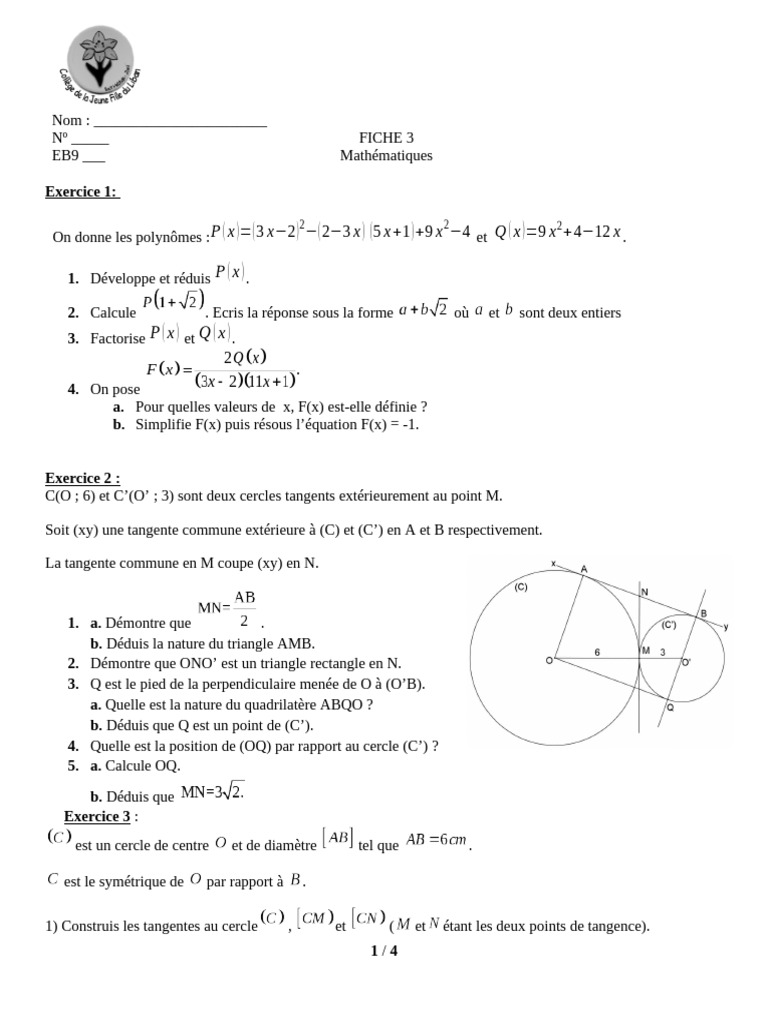 Examen Maths EB9 avec Corrigés | PDF | Cercle | Tangente (géométrie)