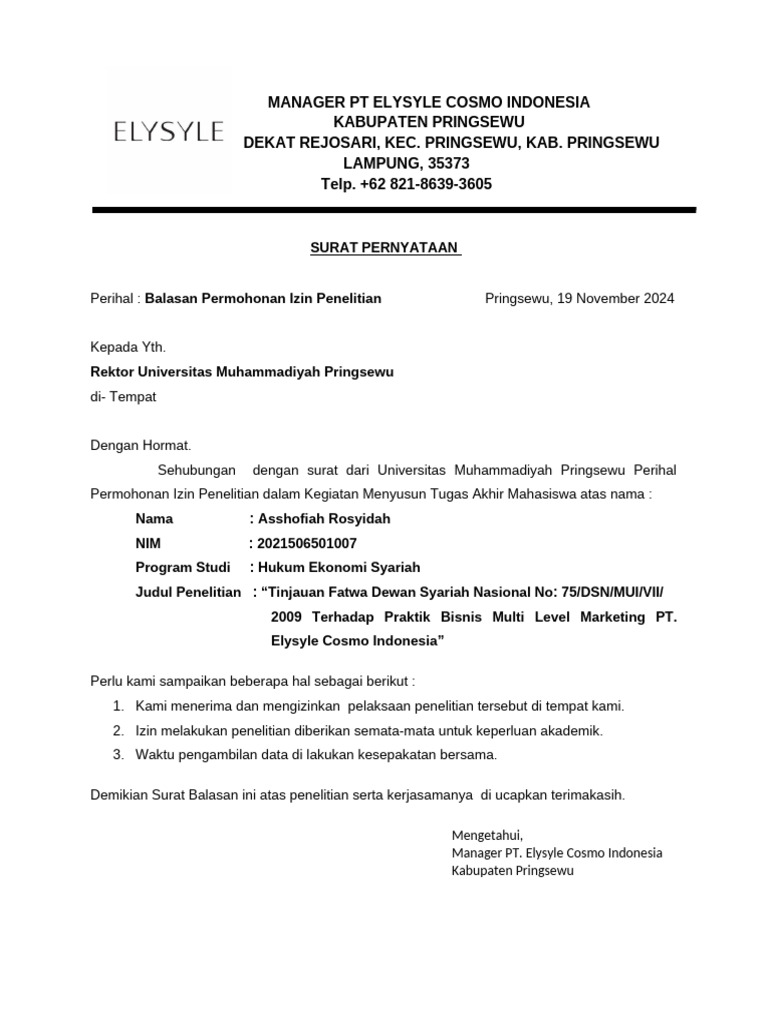 Balasan Izin Penelitian PT Elysyle Cosmo | PDF