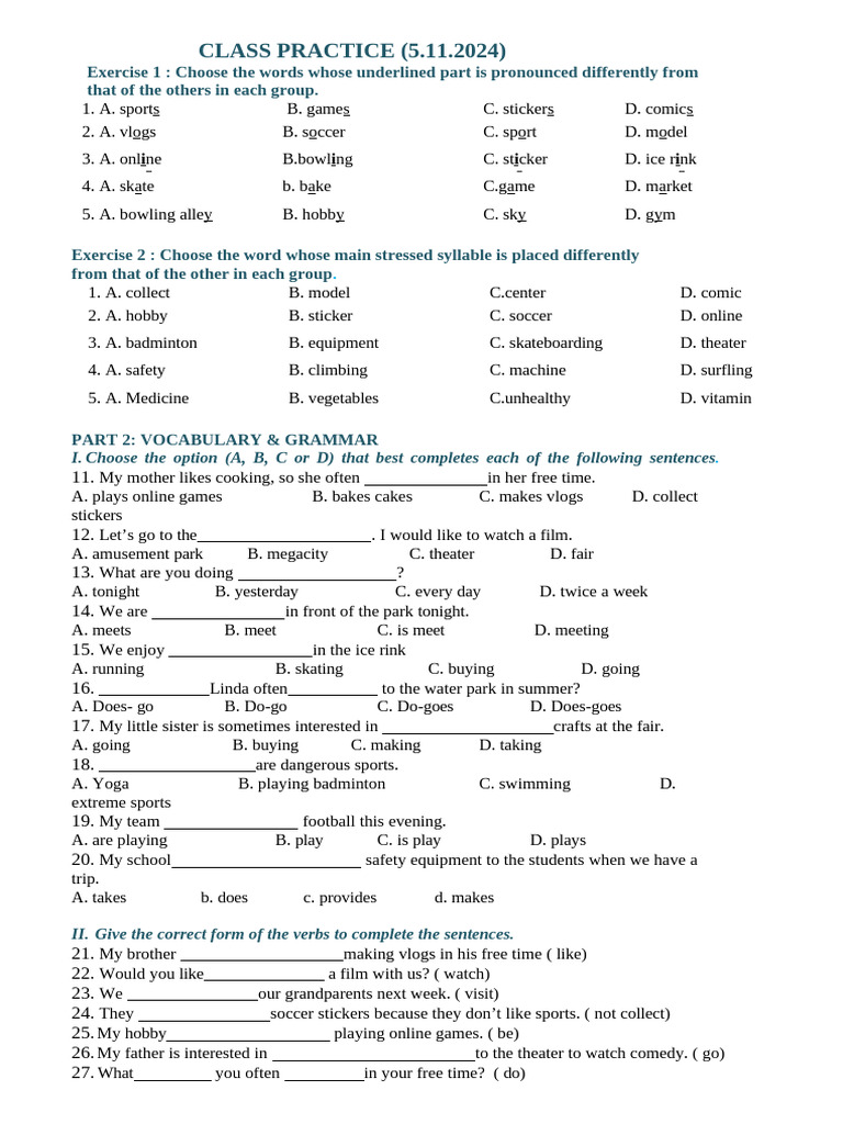 Class Practice: Vocabulary & Grammar Exercises | PDF | Ketchup