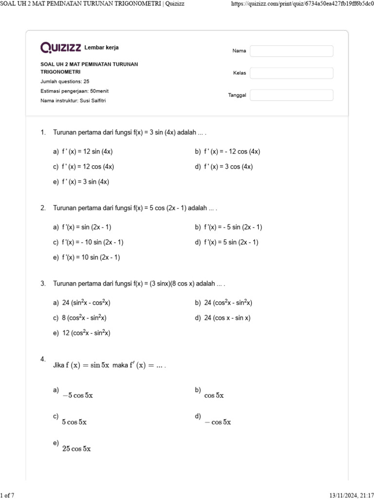 SOAL UH 2 MAT PEMINATAN TURUNAN TRIGONOMETRI - Quizizz | PDF | Metode ...